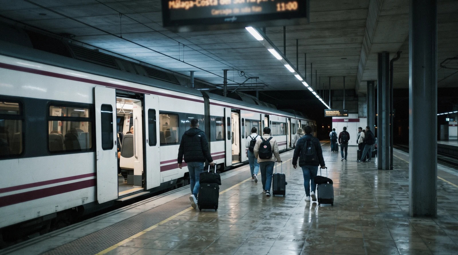 Passengers with suitcases on the Cercanías platform inside the terminal, the train from Málaga airport to the city centre