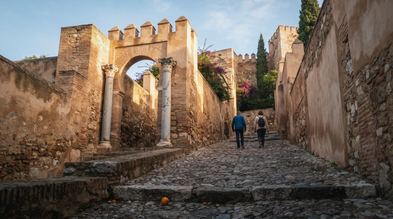 The double walls and horseshoe-arched gates of the Alcazaba climbing the hill above Calle Alcazabilla, Alcazaba Málaga