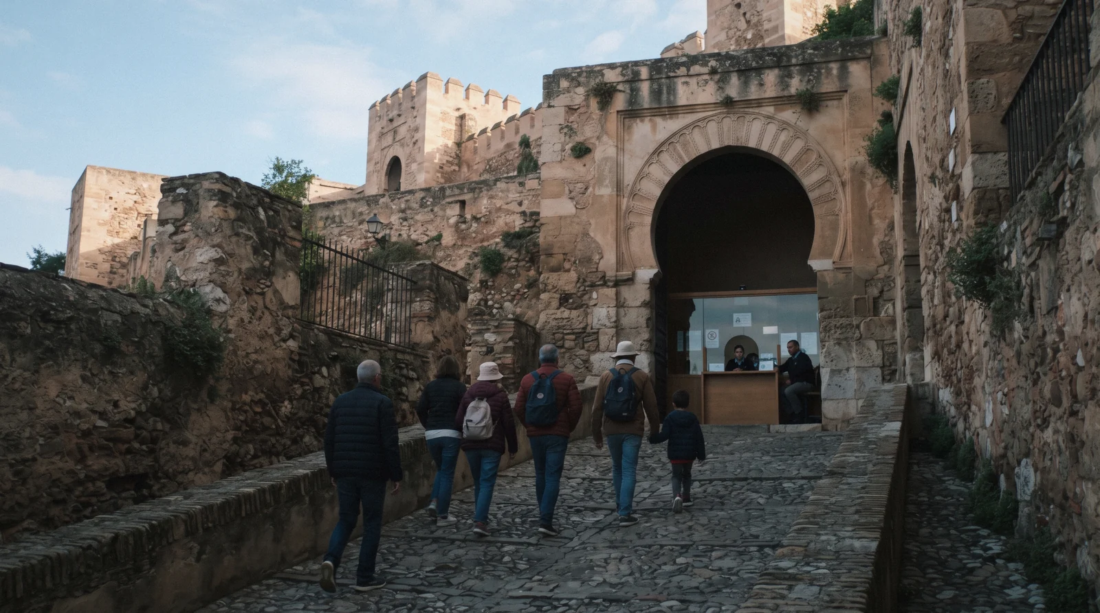 The ticket office and first gate of the Alcazaba on Calle Alcazabilla before opening, where Alcazaba tickets in Málaga are sold