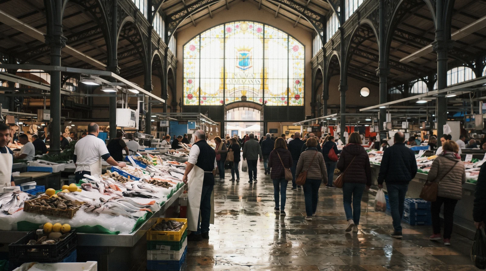 Fish counters under the iron roof and the stained-glass end wall of the Mercado de Atarazanas on a weekday morning, Mercado de Atarazanas Málaga