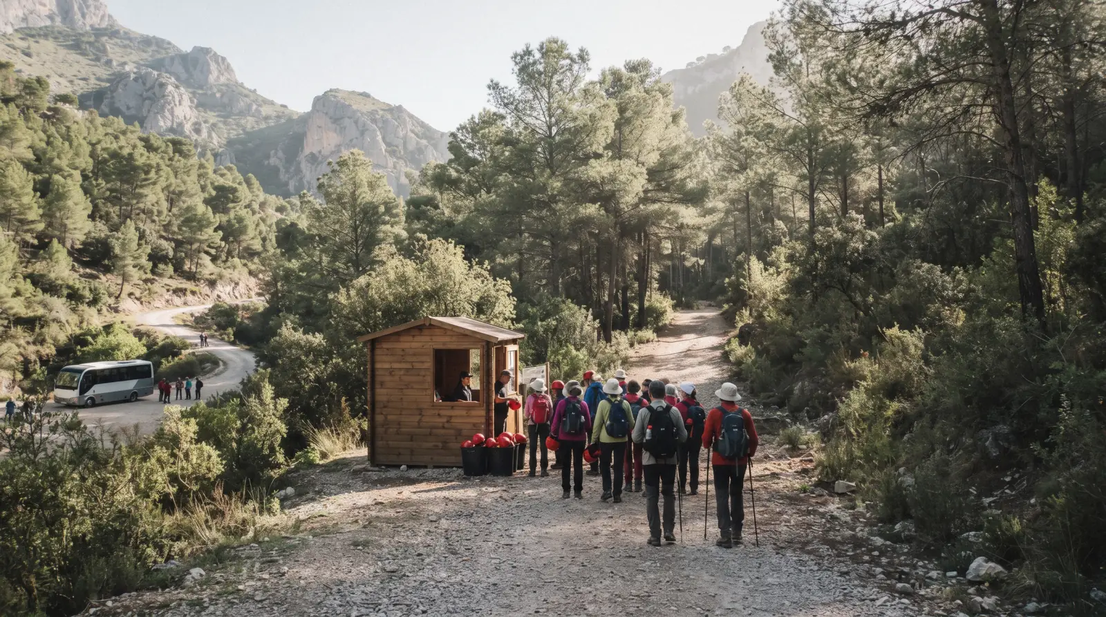 Walkers in helmets filing onto the timed boardwalk section, the queue that a Caminito del Rey ticket buys a place in