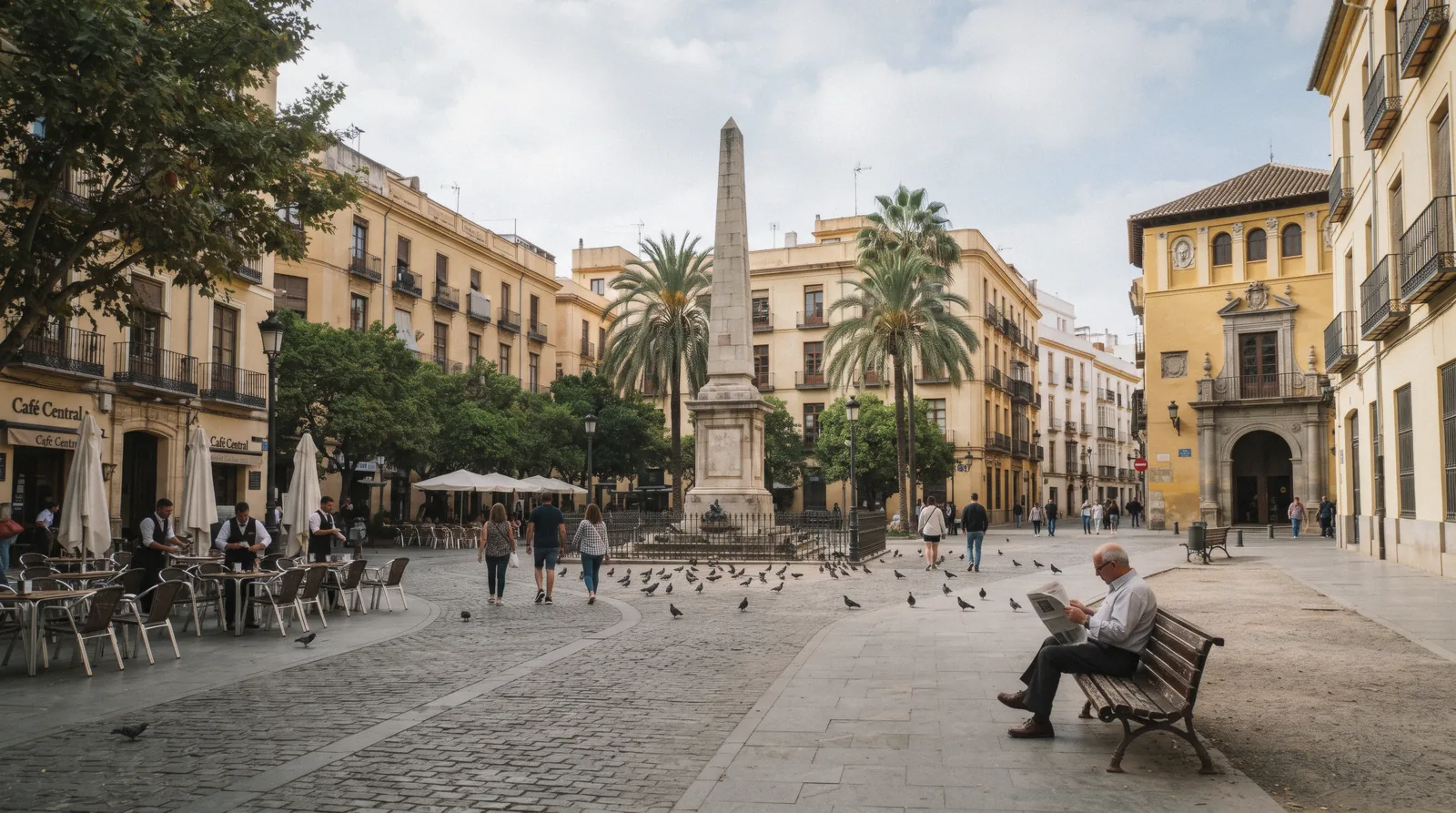 The yellow-fronted corner house at Plaza de la Merced 15 with the obelisk to General Torrijos in the square, the Casa Natal Picasso in Málaga