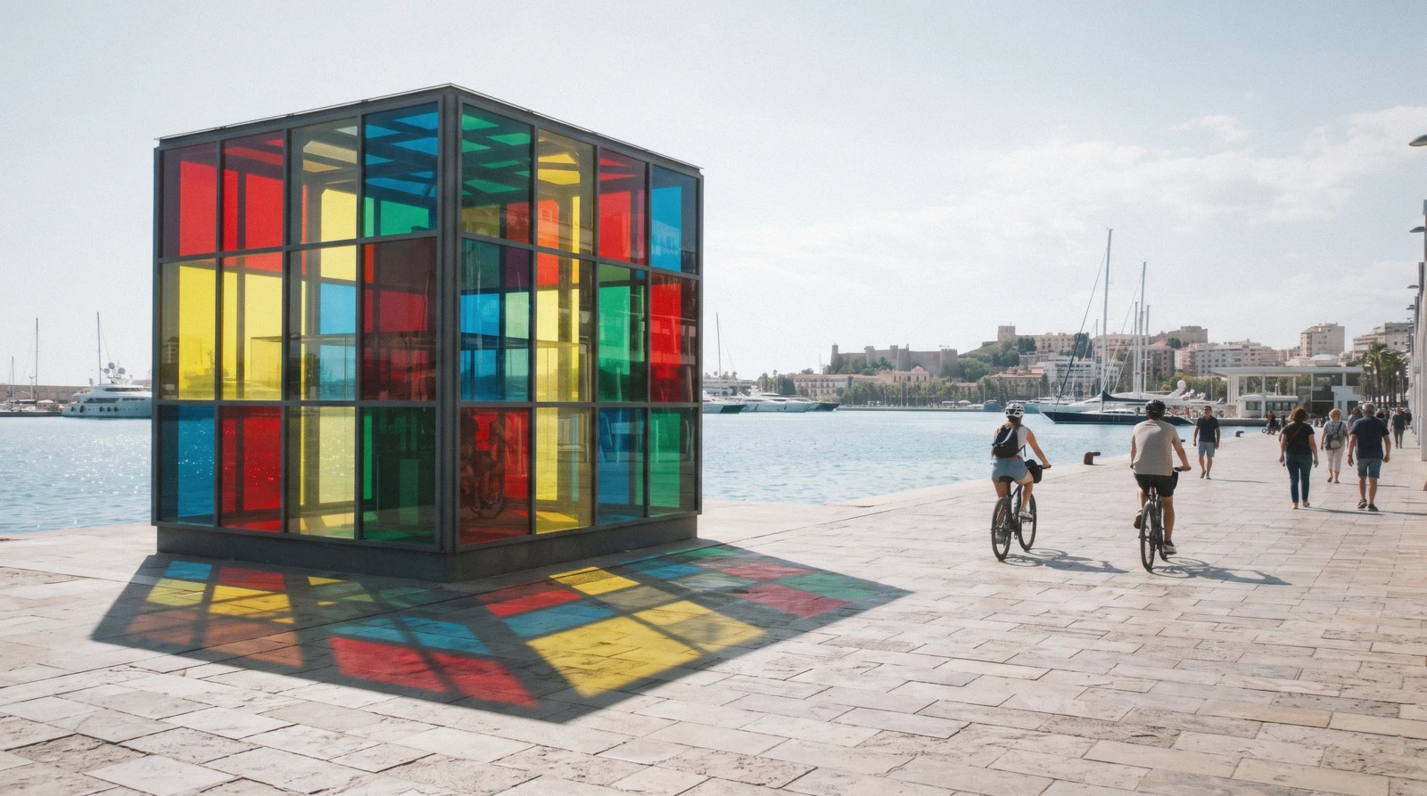 Daniel Buren's coloured glass cube on the Muelle Uno quay with the port water behind it at golden hour, the Centre Pompidou Málaga