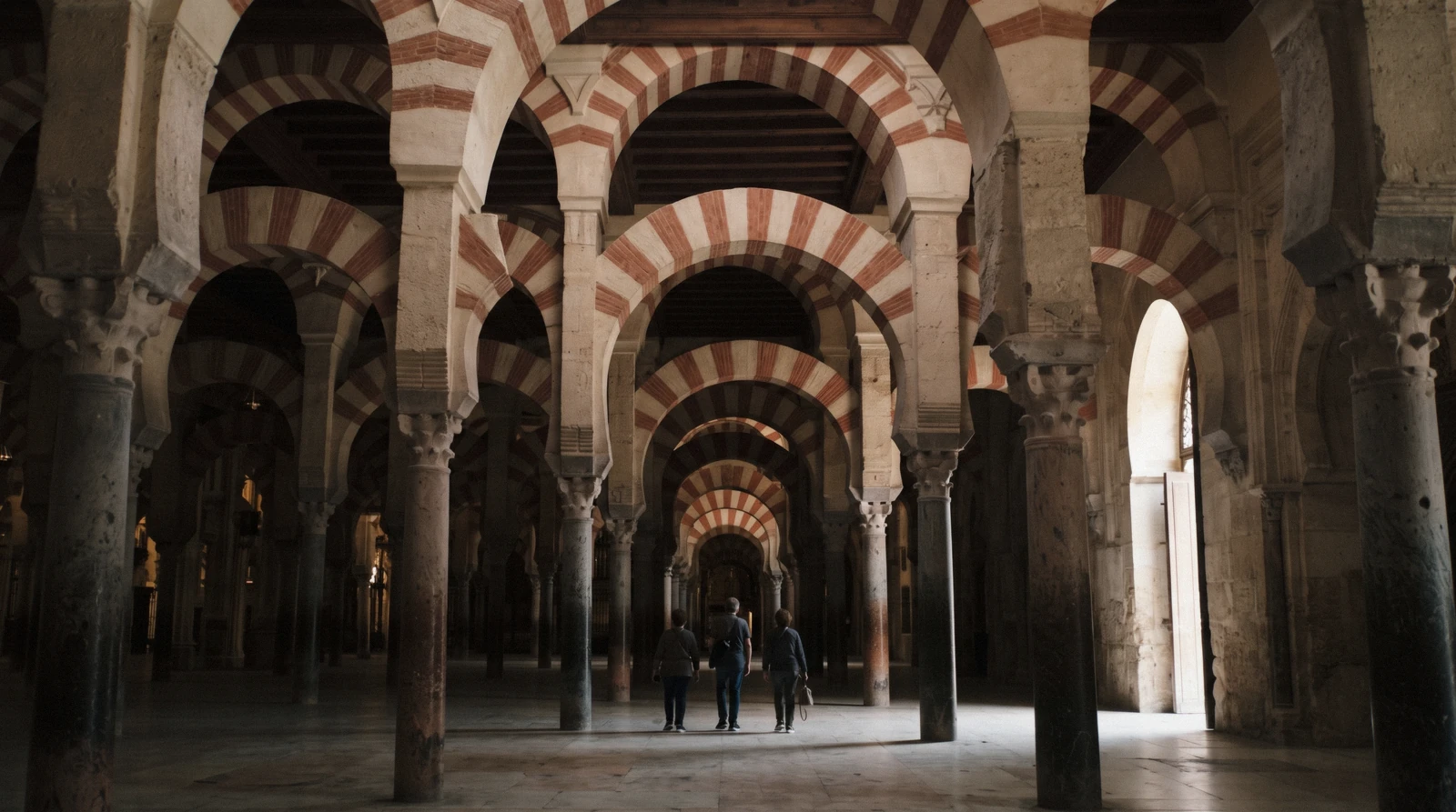 The red and white double arches of the Mezquita's prayer hall in low morning light, the monument that makes Córdoba from Málaga a one-ticket day
