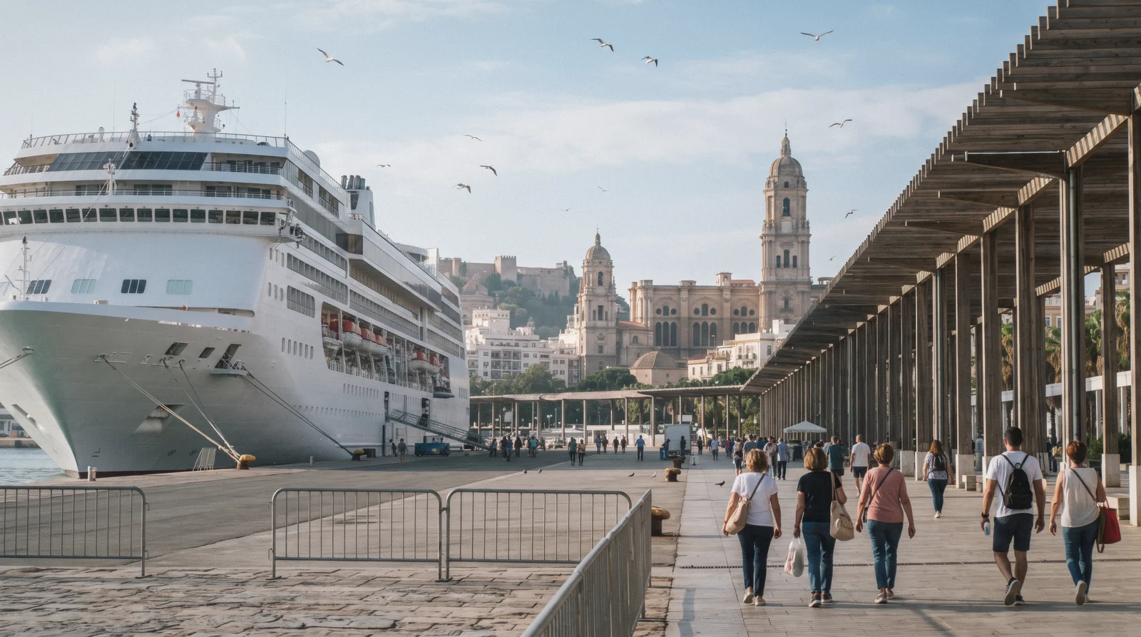 A cruise ship alongside the Levante quay with the Gibralfaro hill and the cathedral behind, the Málaga cruise port seen from the Palmeral walkway