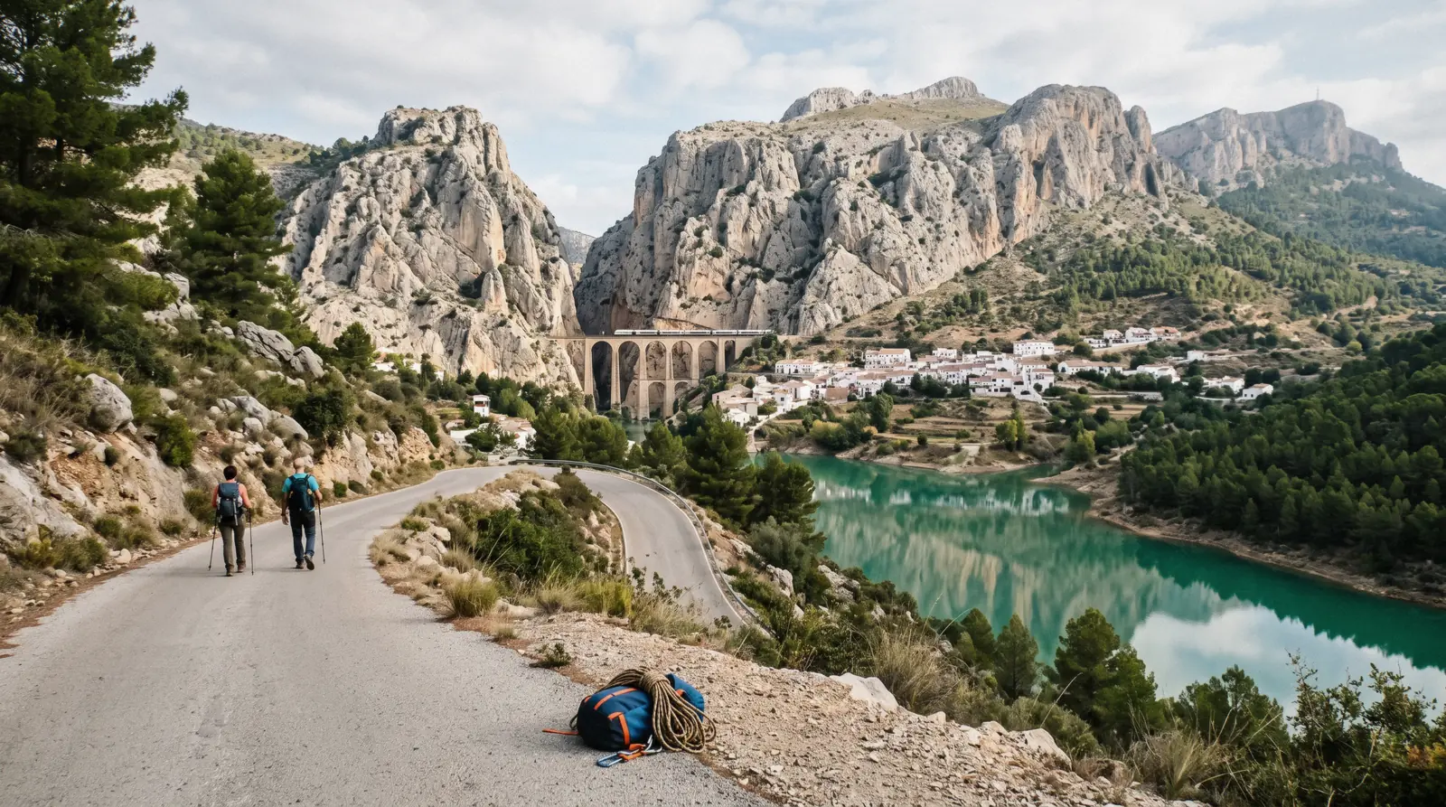The railway station and white houses of El Chorro at the southern mouth of the Gaitanes gorge, the Tajo de la Encantada dam wall above the village