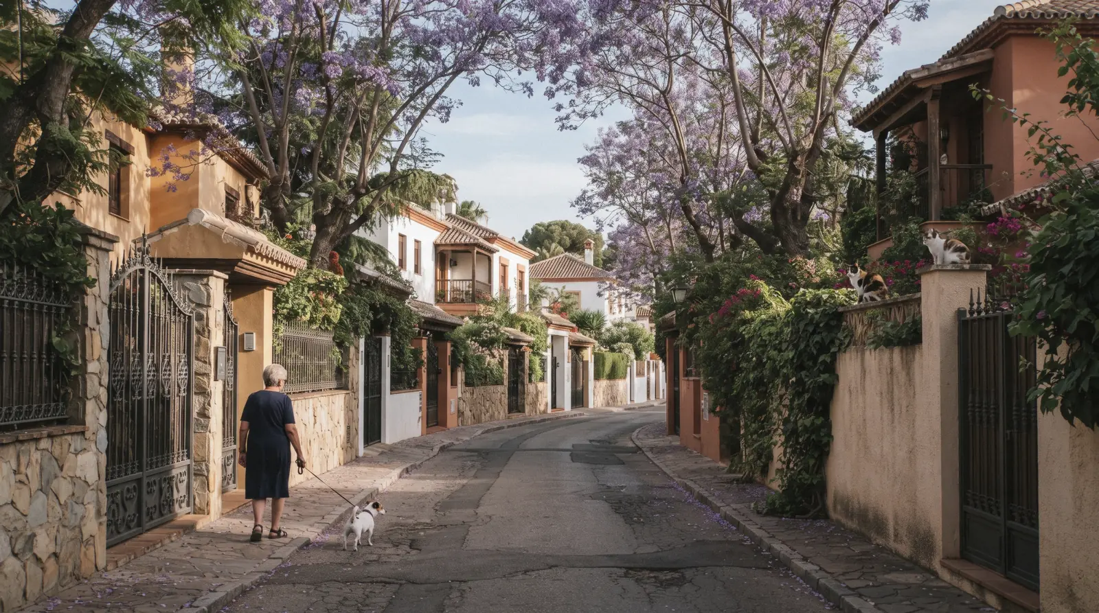 A quiet villa street in El Limonar Málaga with ochre and white mansions behind iron gates under jacaranda trees in dappled afternoon light