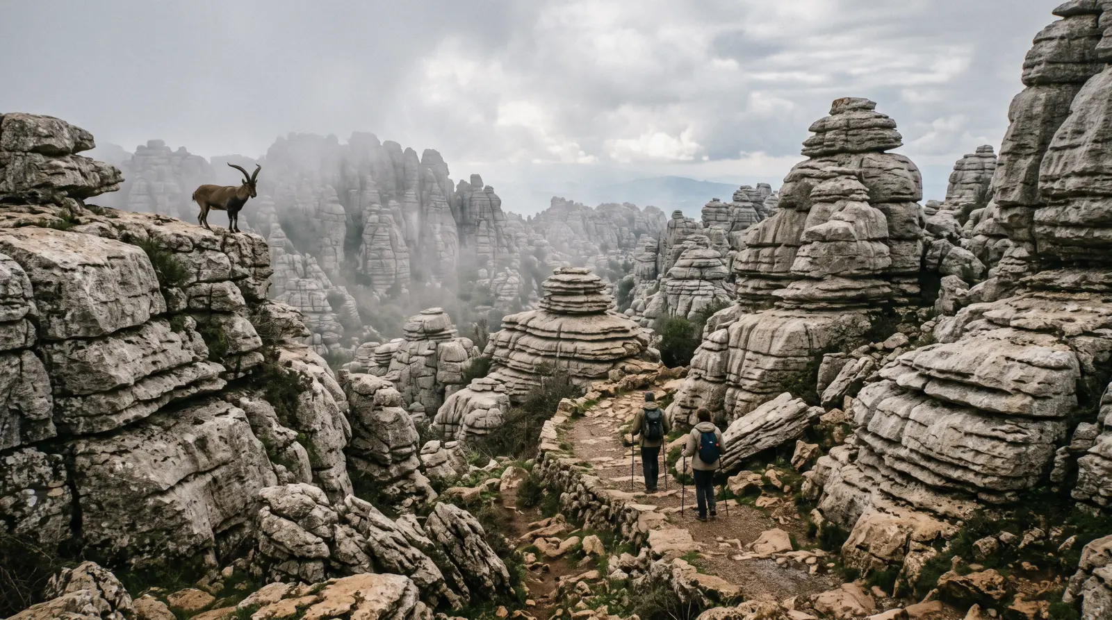 Stacked limestone towers of the karst at El Torcal de Antequera under a low winter sun, a marked trail winding between the rock piles