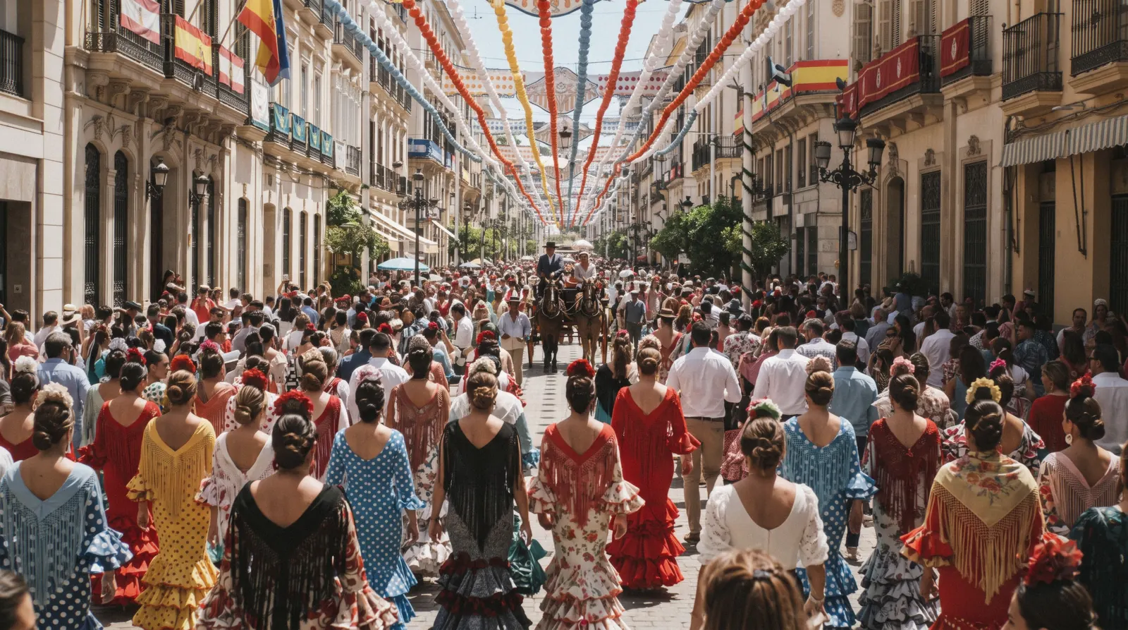 Paper lanterns and flamenco dresses in a packed Calle Larios on a Feria de Málaga afternoon, the week the events calendar is built around