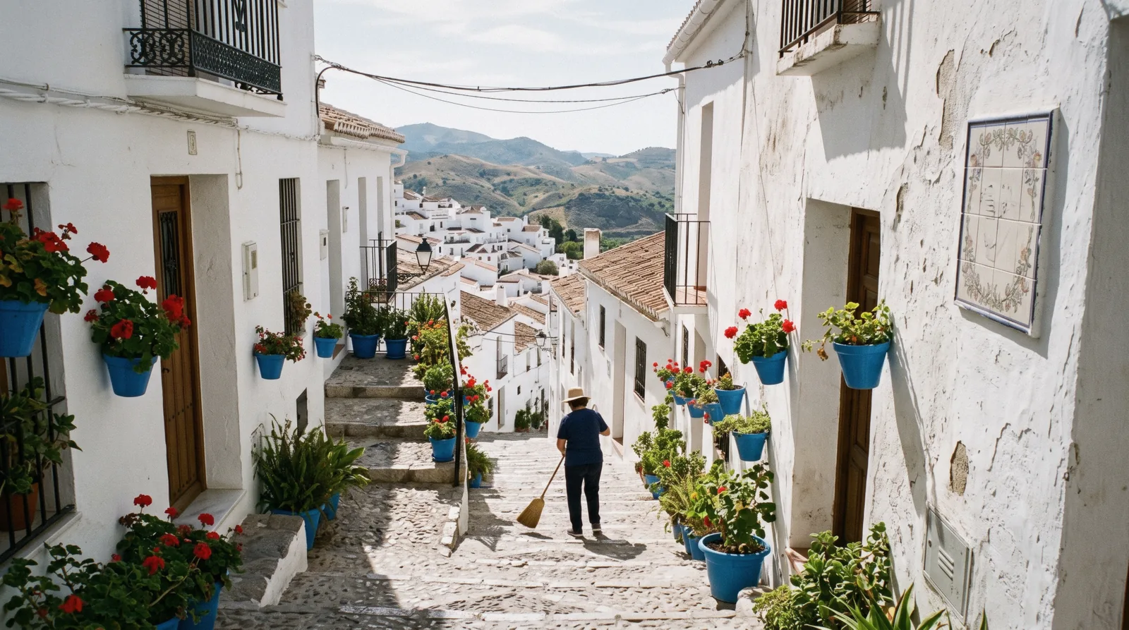 Whitewashed lanes climbing the hillside of Frigiliana, the Moorish village above Nerja in the Axarquía