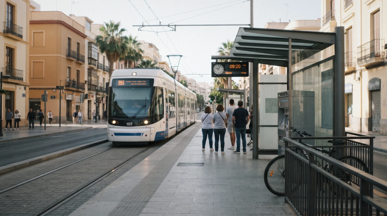 A city bus and a metro entrance on the Alameda Principal on a bright morning, the two halves of Málaga public transport a visitor actually uses