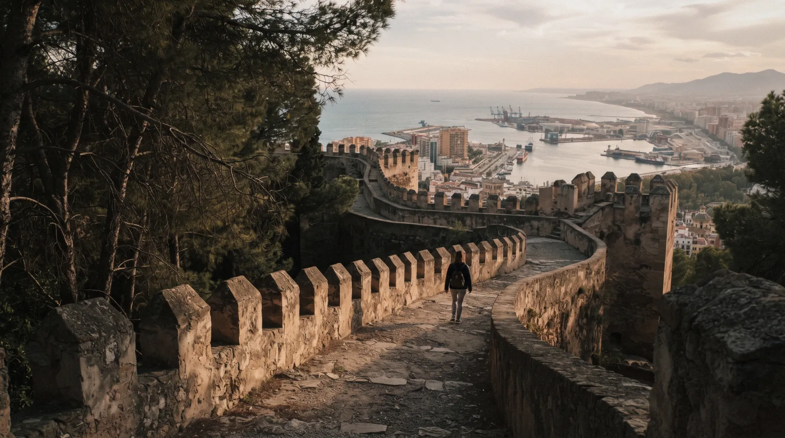 The rammed-earth ramparts and pine slopes of Gibralfaro Castle above the port and bullring of Málaga, Castillo de Gibralfaro