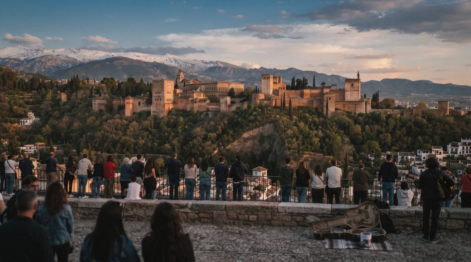 The Alhambra's red walls above the Darro valley with the Sierra Nevada behind, the reason for the Málaga to Granada day trip
