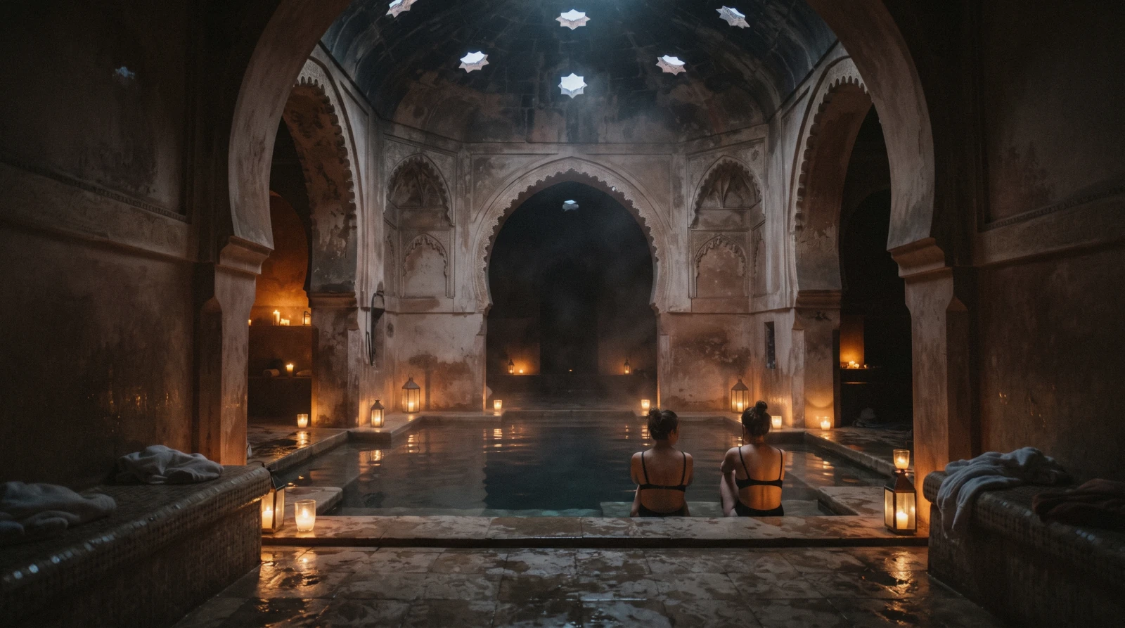 Candlelit warm pool under horseshoe arches and a star-pierced vault at the Arab baths, Hammam Al Ándalus Málaga