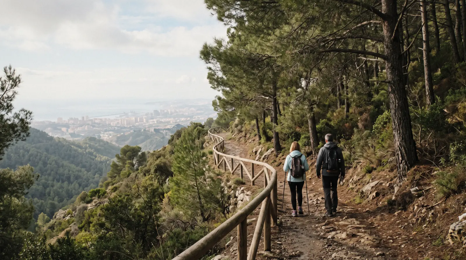 A pine-shaded track climbing through the Montes de Málaga with the bay far below, the nearest Málaga hiking to the city