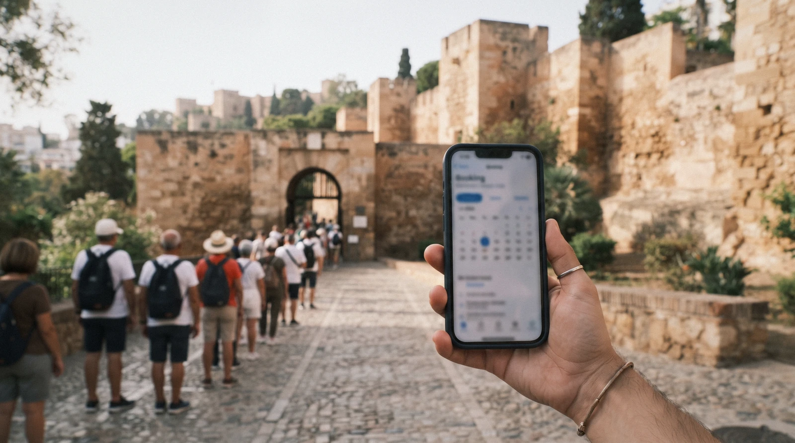 A phone showing a ticket calendar held up against the Málaga skyline at dusk, the question of how far in advance to book Caminito del Rey and the city's timed entries