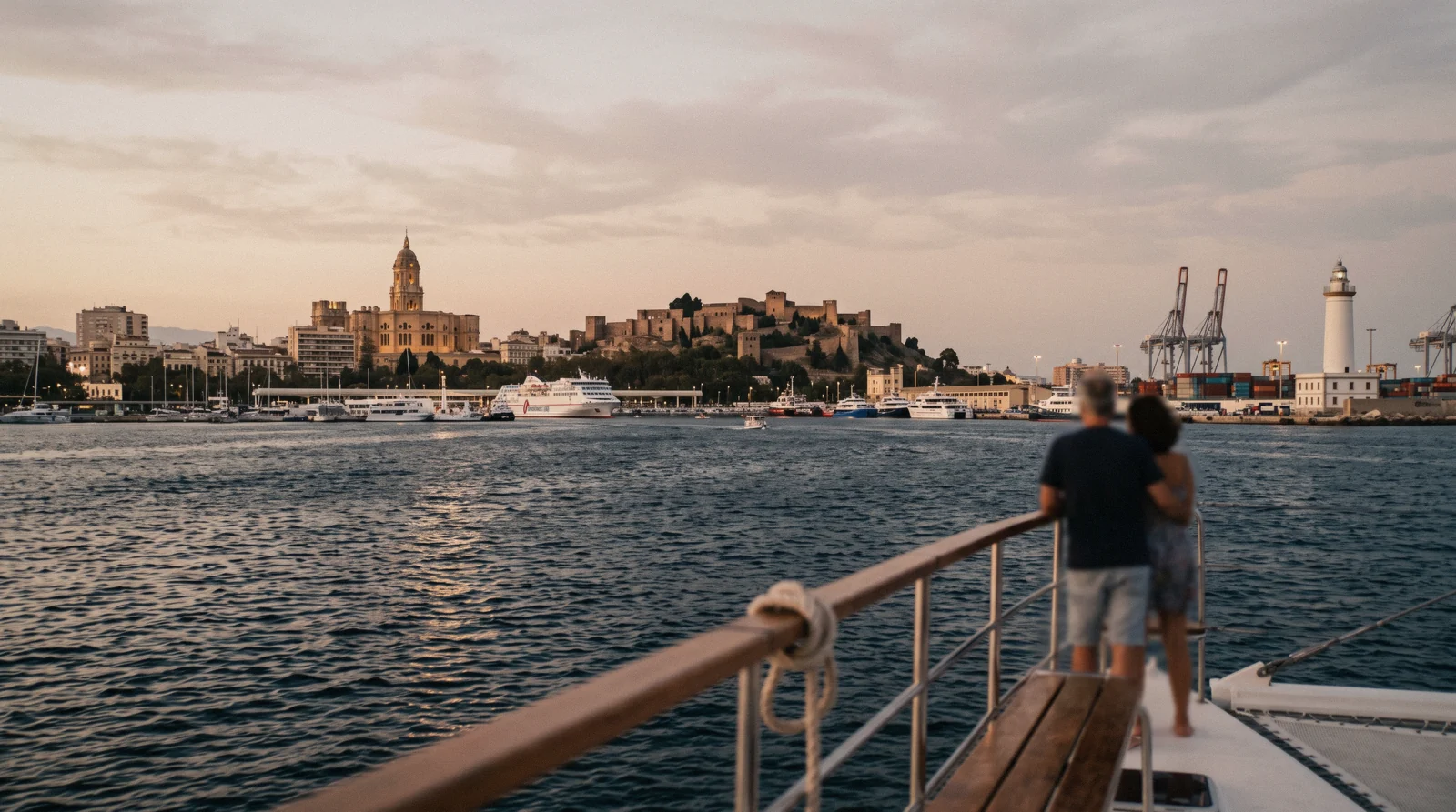 The Alcazaba walls, the Roman Theatre and the port seen from the Gibralfaro path at golden hour, the view that answers whether Málaga is worth visiting