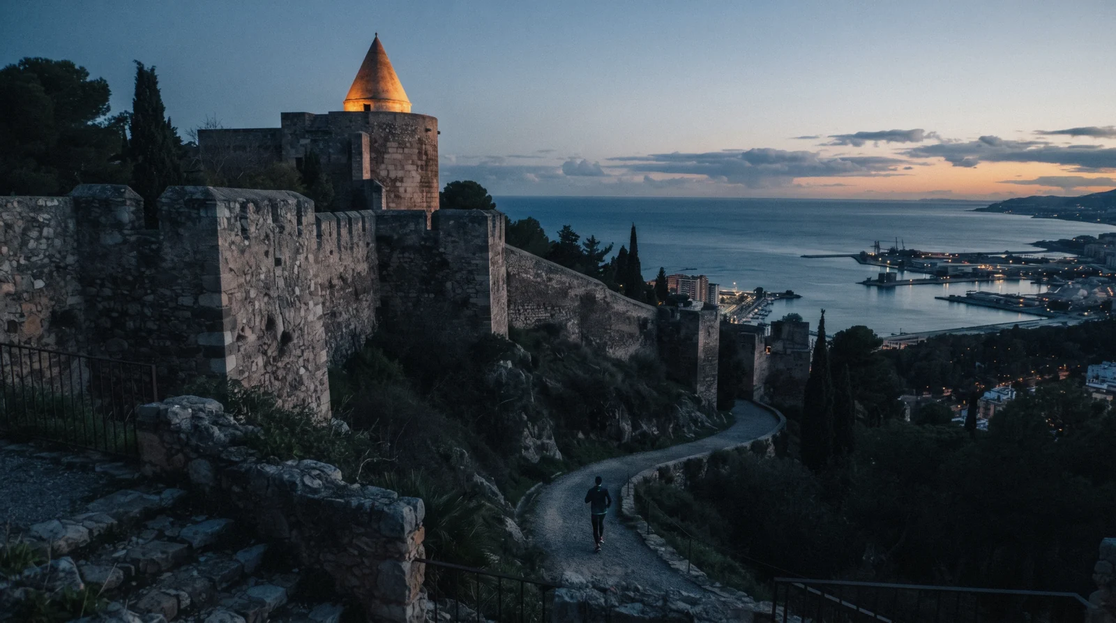The double walls of the Coracha climbing from the Alcazaba to Gibralfaro in low evening light, the fortifications that held out in the siege of 1487 and the core of Málaga history a visitor can walk