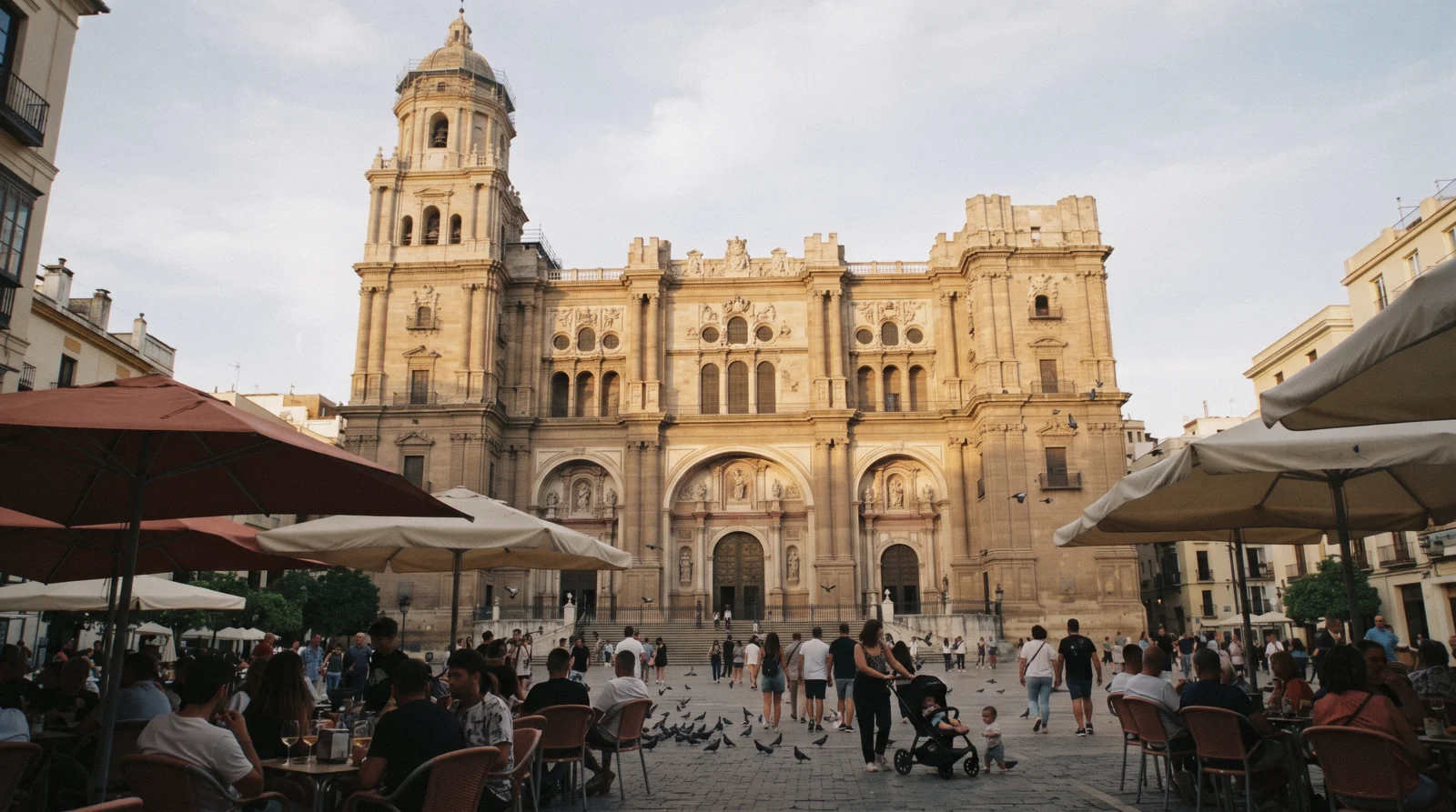 The single finished north tower and the baroque façade of Málaga Cathedral seen from Plaza del Obispo in early light, Málaga Cathedral