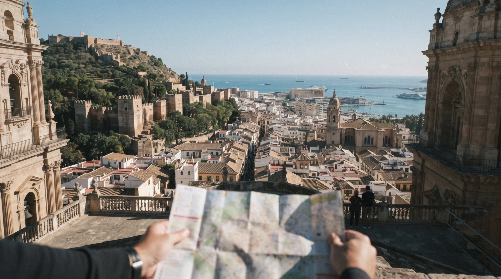 A folded paper map of central Málaga spread over a table, matching the Málaga map on this page
