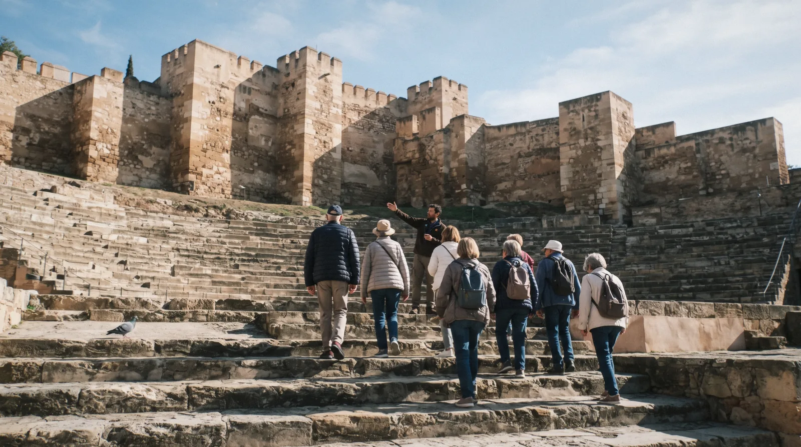 A small group following a guide up the ramped gateways of the Alcazaba on a morning Málaga tour