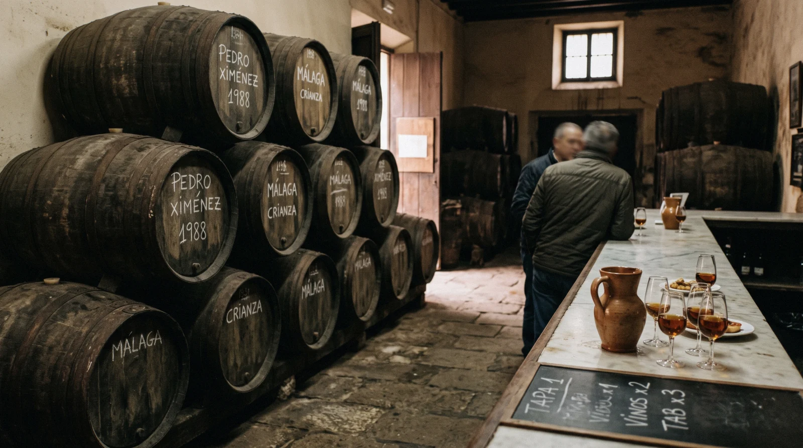 Dark barrels and small glasses of amber wine on a scrubbed counter in an old taberna, the way Málaga wine is still poured in the city