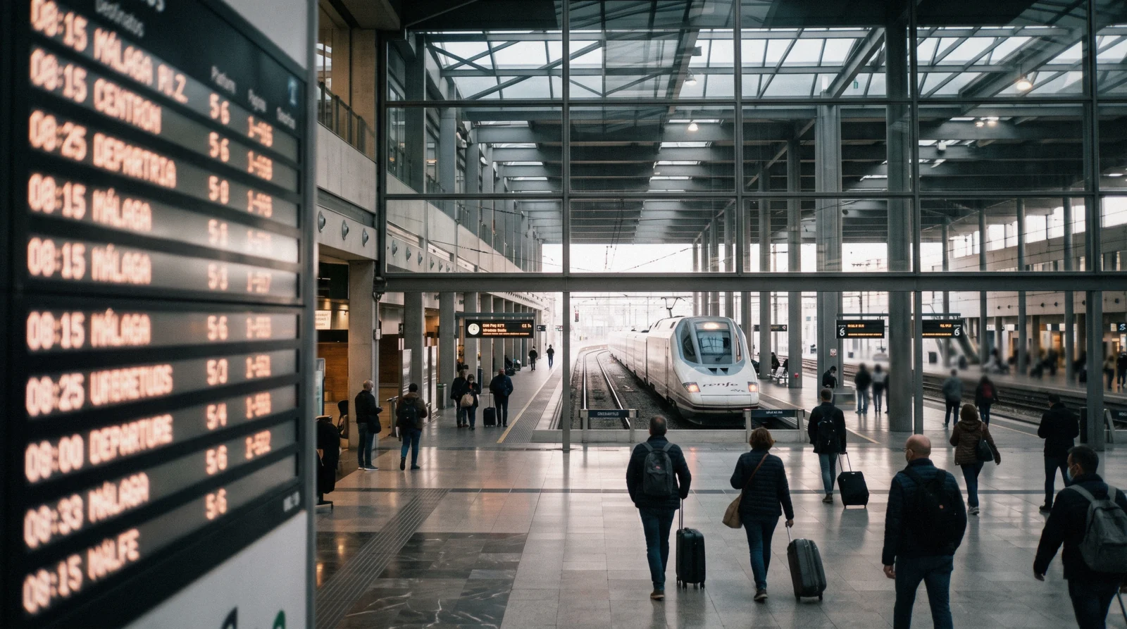 The glass concourse and departure boards of María Zambrano, the main Málaga train station, with a high-speed train at the platform