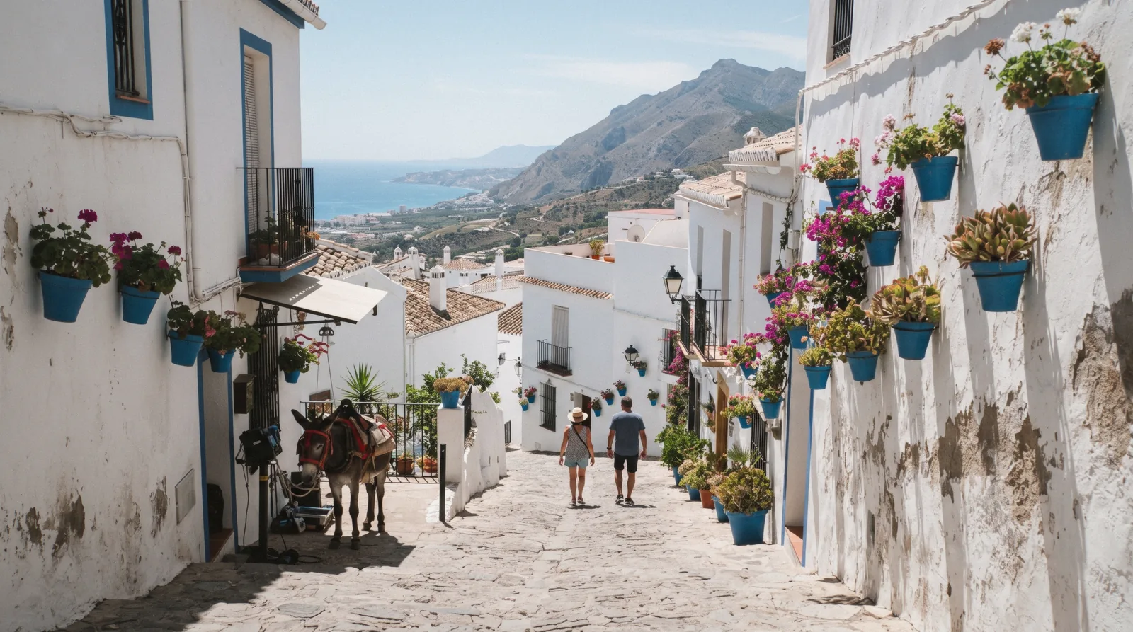 White houses and geranium-hung lanes of Mijas Pueblo on the hillside above the Costa del Sol