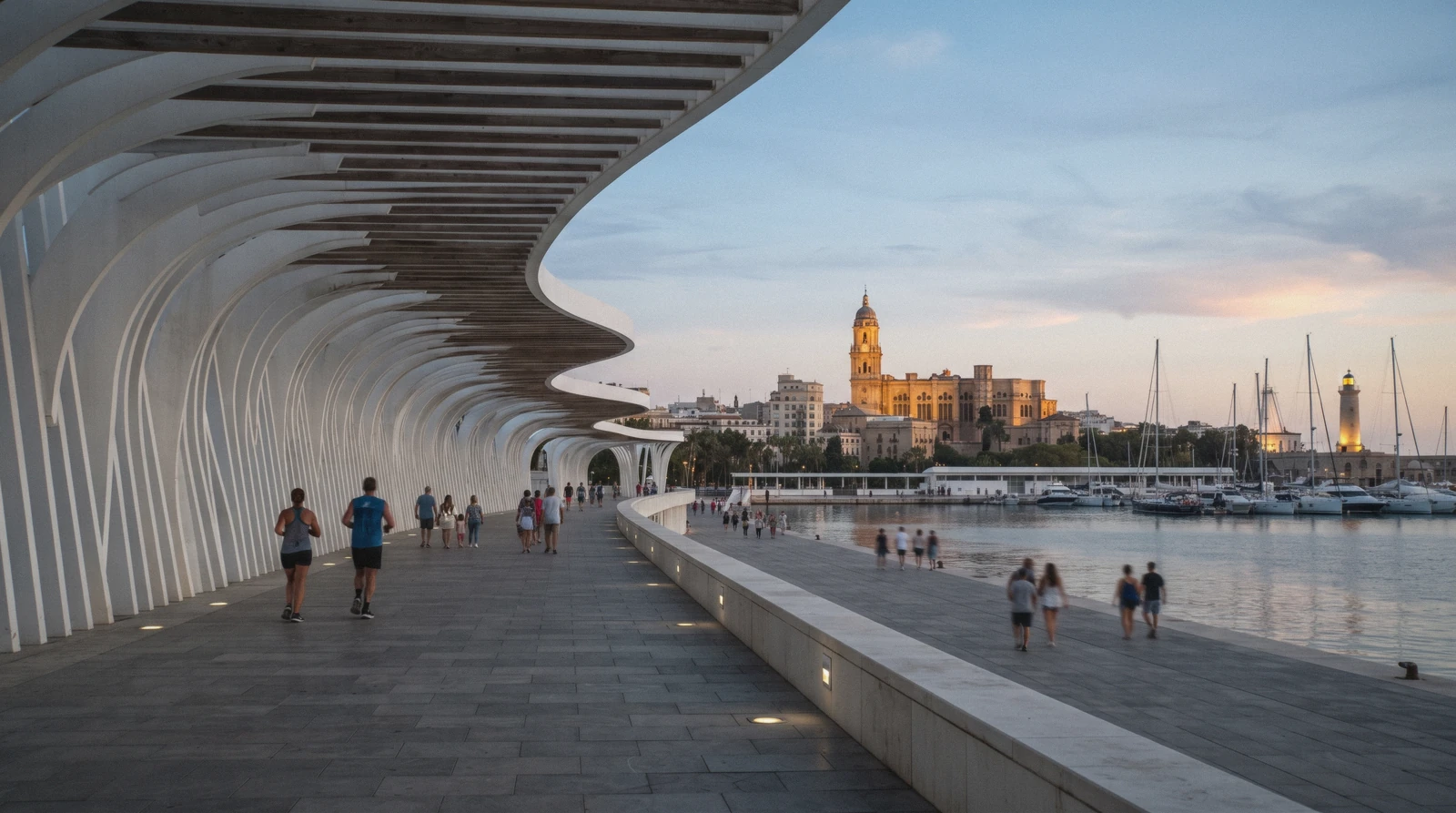 The glass cube of the Centre Pompidou at the end of the Muelle Uno promenade with the port and the Alcazaba hill behind, Muelle Uno Málaga