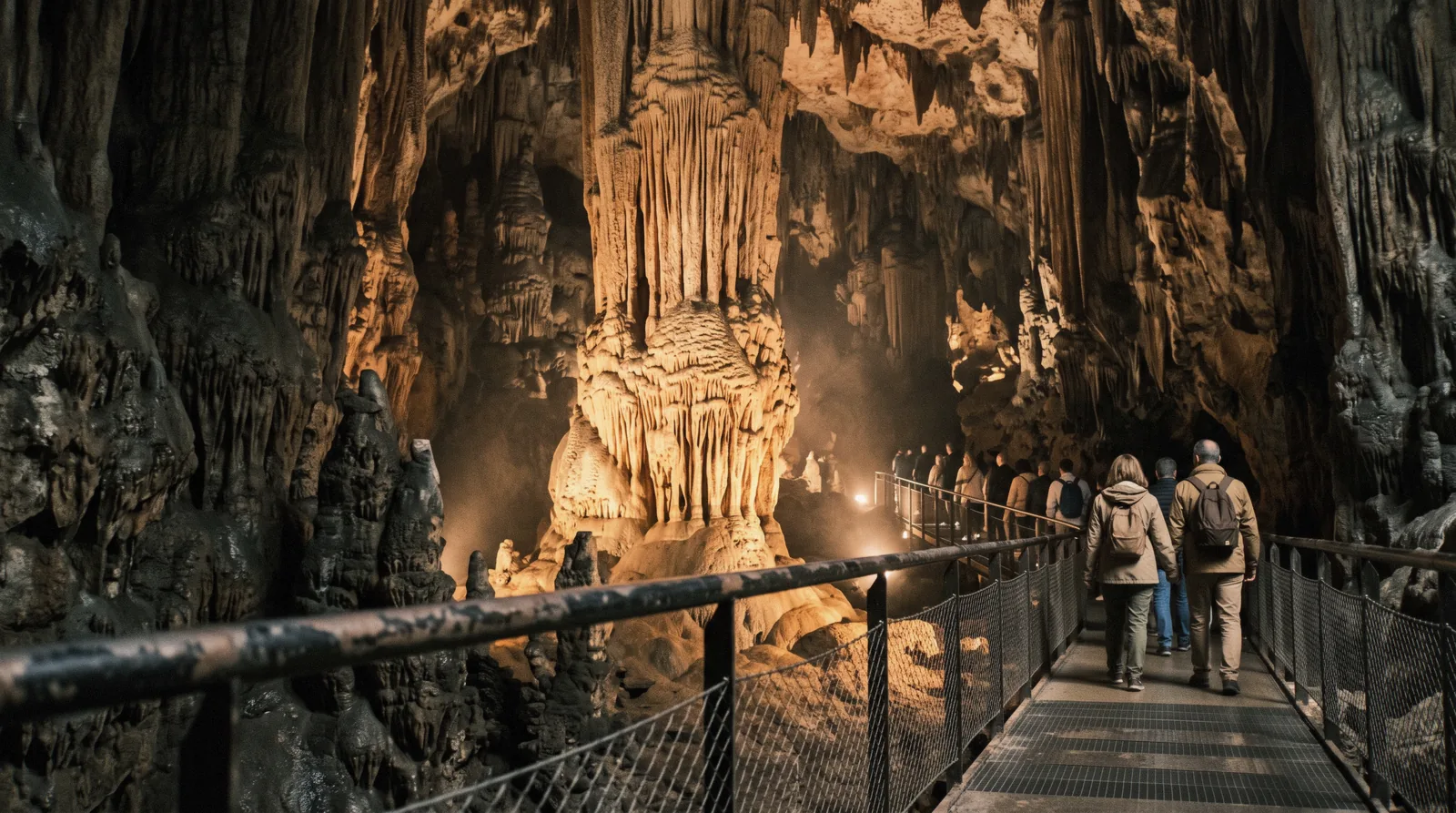 Lit stalactites and columns in the show chambers of the Nerja Caves at Maro, east of Málaga