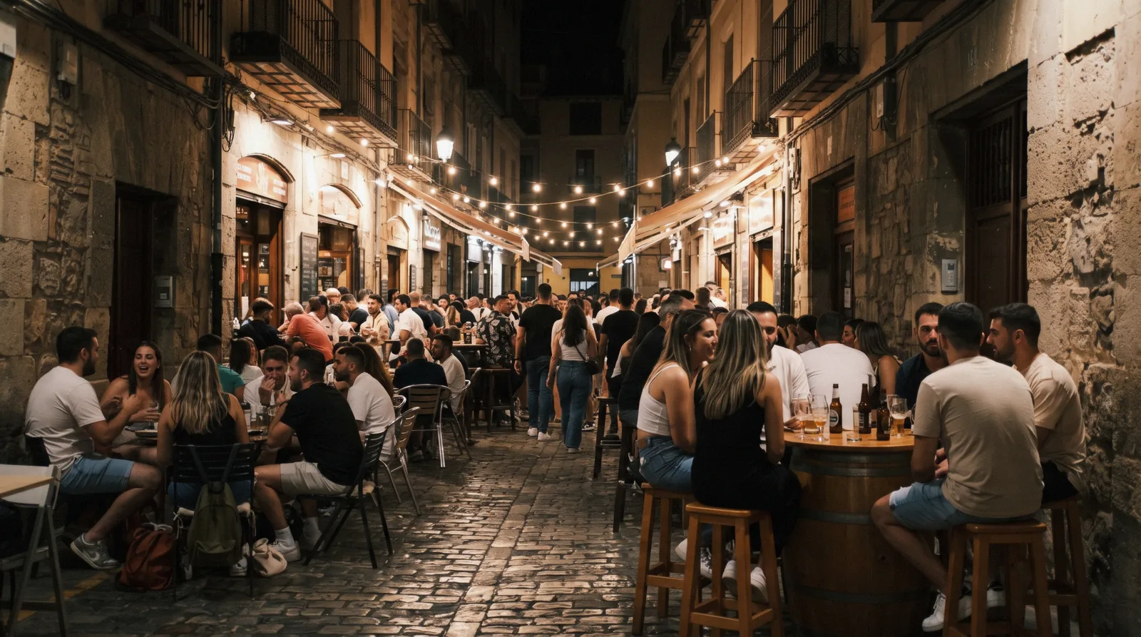 A lit terrace off Calle Larios after dark with people at tables under the street lamps, the Málaga nightlife that starts late and ends by regional decree