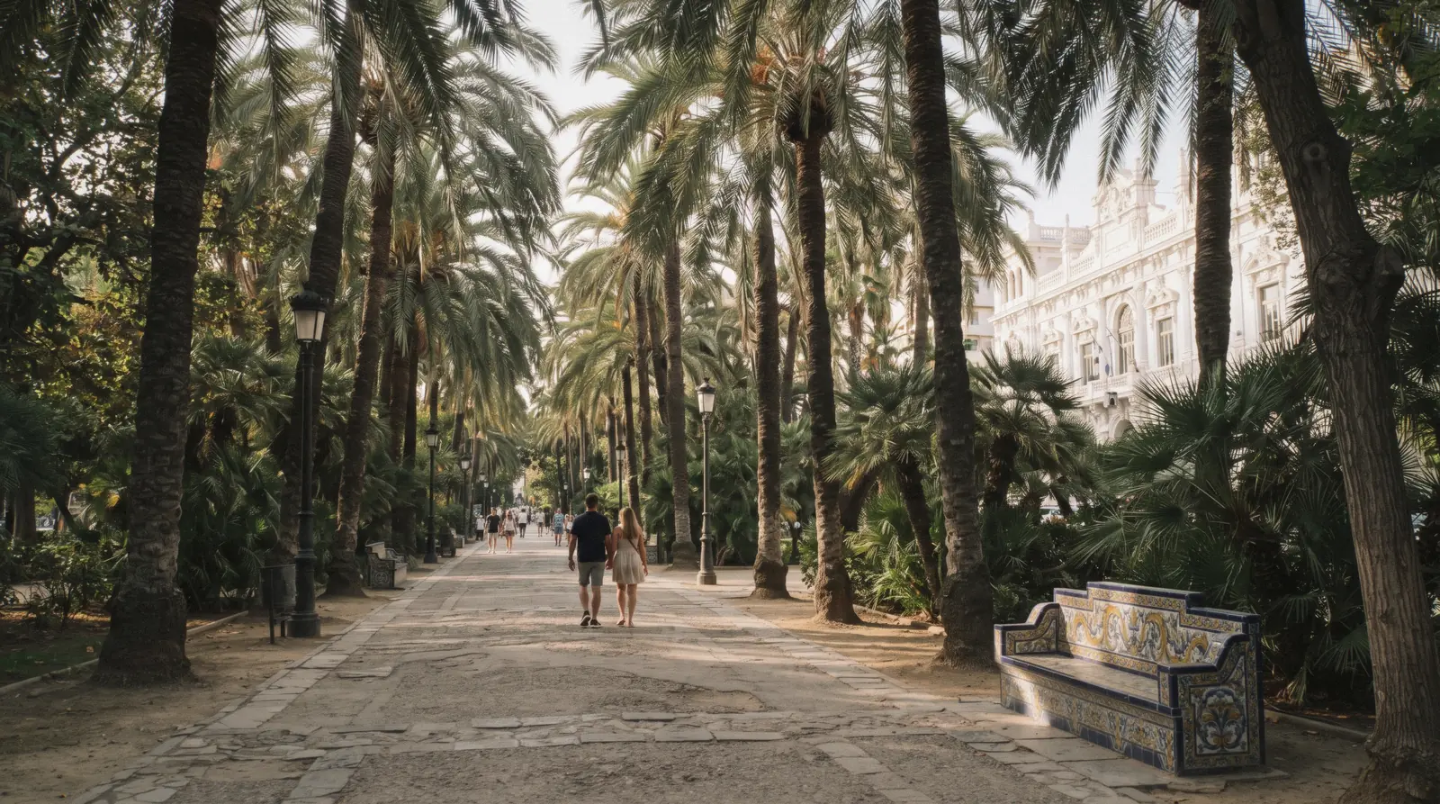 The central walkway of the Parque de Málaga under Canary palms and dragon trees with the Ayuntamiento's façade through the leaves, Málaga parks