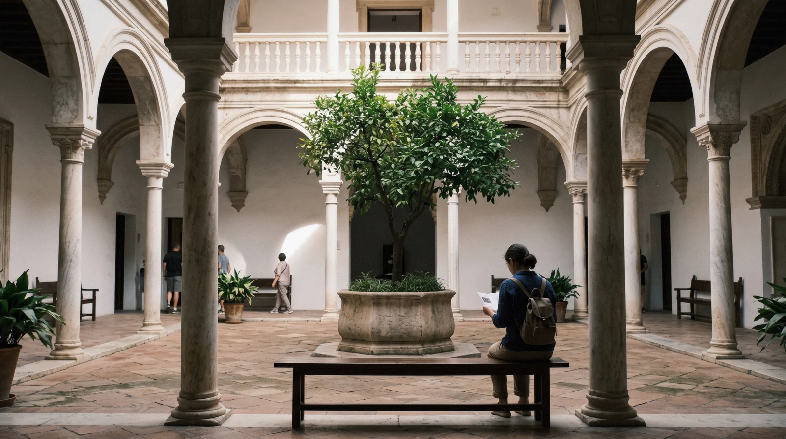 Whitewashed Renaissance courtyard of the Palacio de Buenavista with its arcaded gallery in morning light, the Picasso Museum Málaga on Calle San Agustín