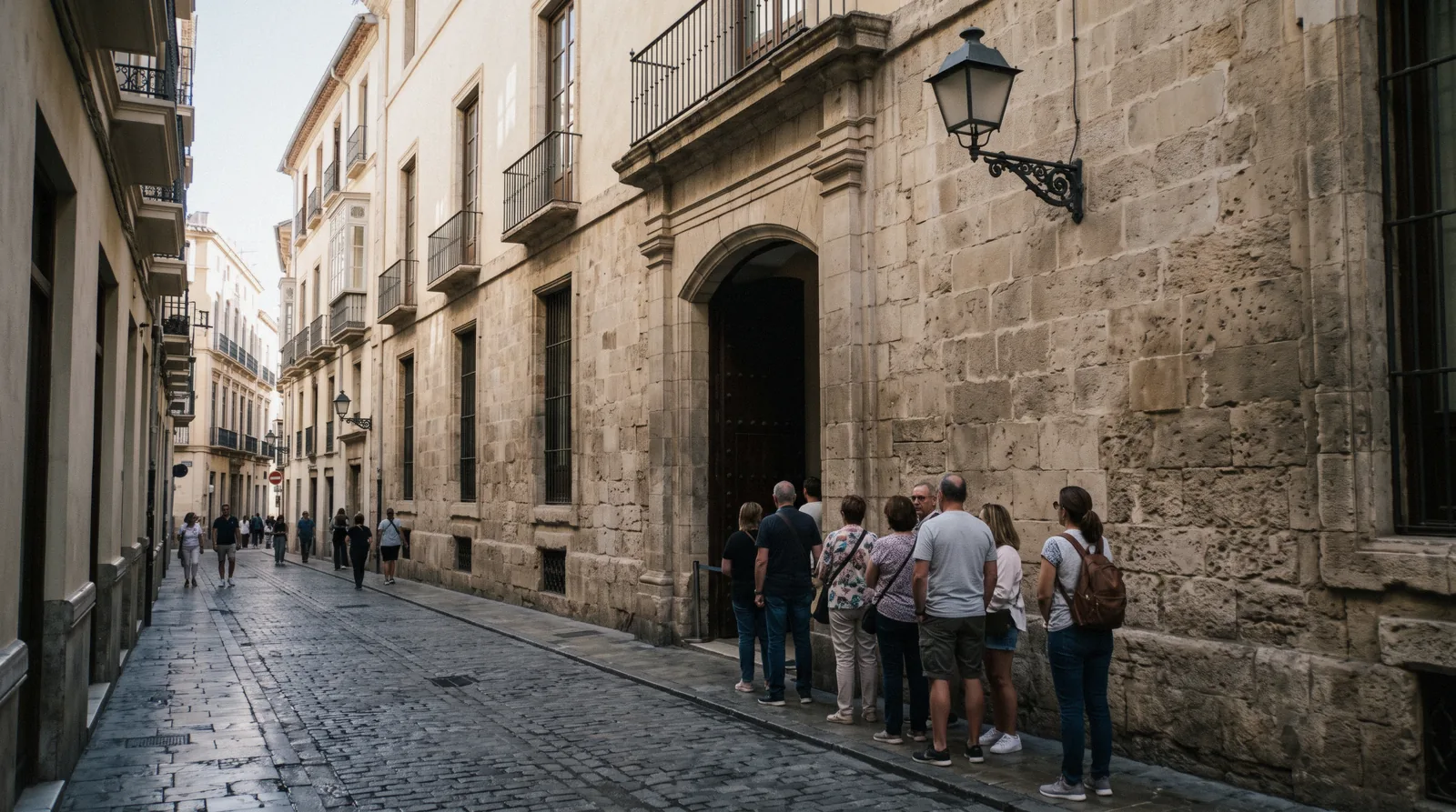 Visitors queuing at the Calle San Agustín door of the Palacio de Buenavista on a Sunday afternoon, the line for Picasso Museum Málaga tickets