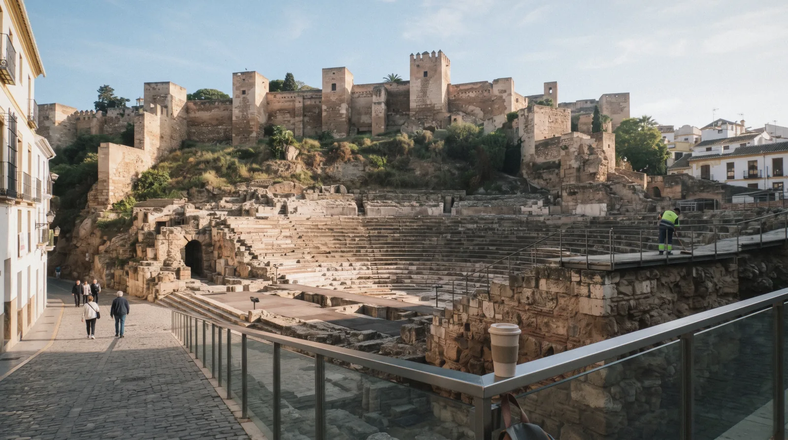 The tiered stone cavea of the Roman Theatre at the foot of the Alcazaba walls on Calle Alcazabilla, Roman Theatre Málaga