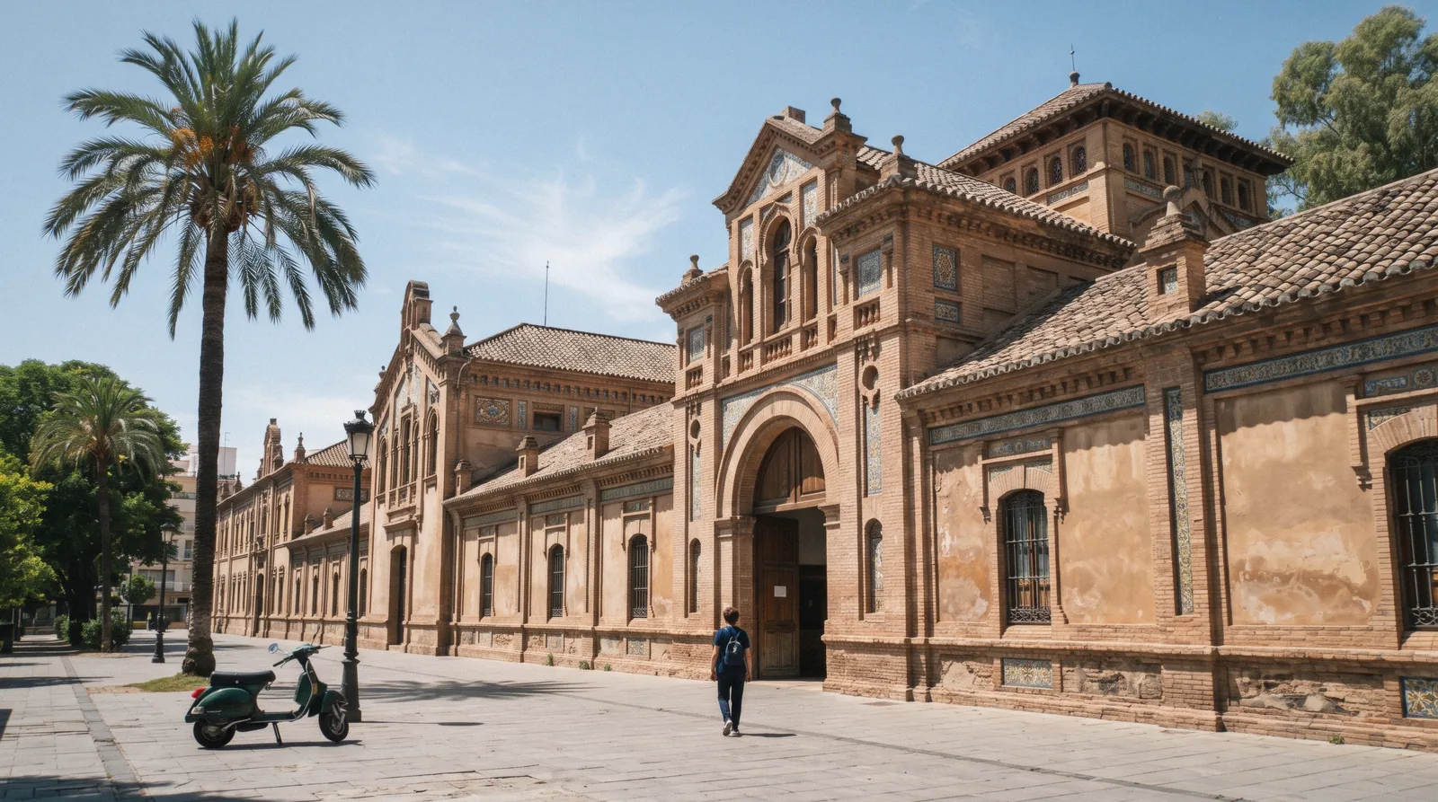 The long brick and stone front of the 1920s Tabacalera building on Avenida Sor Teresa Prat under a clear sky, the Russian Museum Collection in Málaga