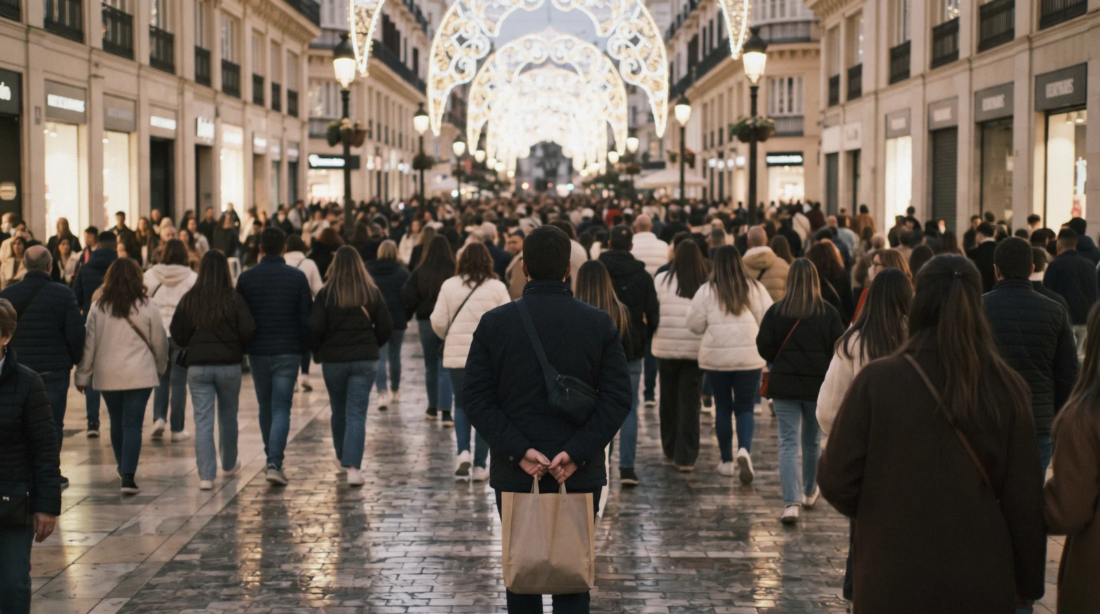 Evening crowds on Calle Larios under the street lights, the ordinary Málaga street scene behind the question is Málaga safe