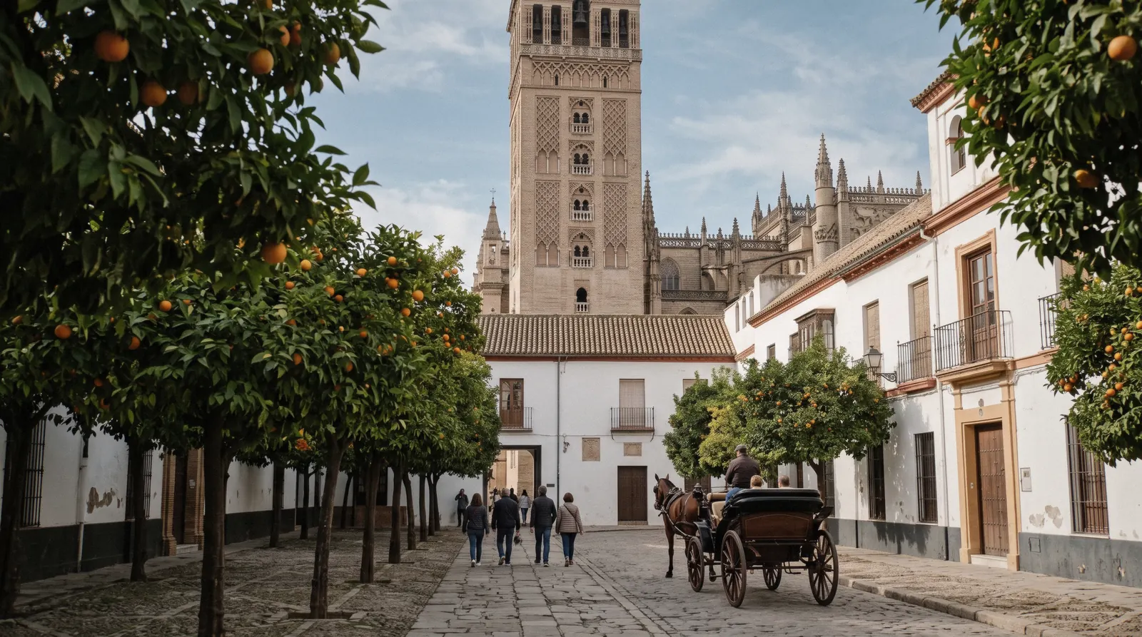 The Giralda tower and the cathedral's flying buttresses above the orange trees of Plaza del Triunfo, the first sight on a Málaga to Seville day trip