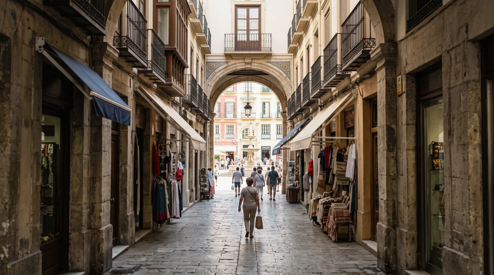 Shoppers under the marble facades of the Larios grid in late afternoon, the street that anchors Málaga shopping