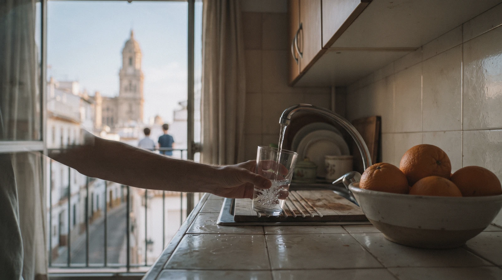 A reusable bottle being filled at a kitchen tap in a Málaga apartment, the everyday answer to whether Málaga tap water is safe