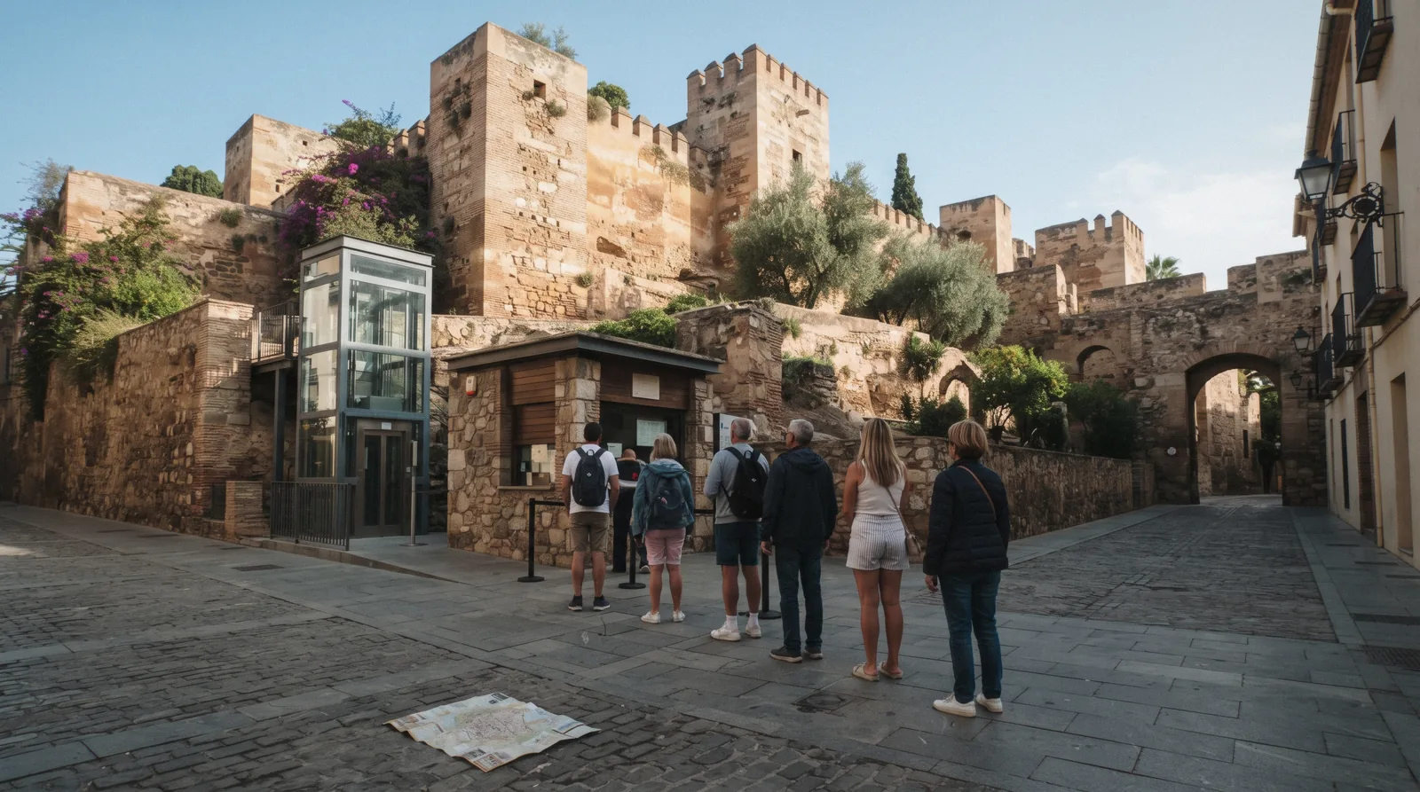 The ticket window and turnstile at the Calle Alcazabilla entrance to the Alcazaba, where most Málaga tickets are bought at the door