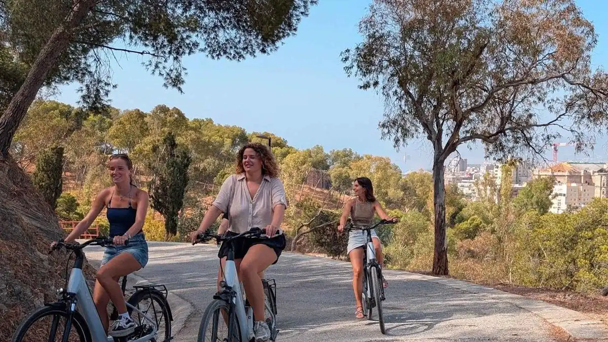 E-bike riders pausing at the Gibralfaro viewpoint above the port, e-bike tour of castle hill, centre and beach in Málaga