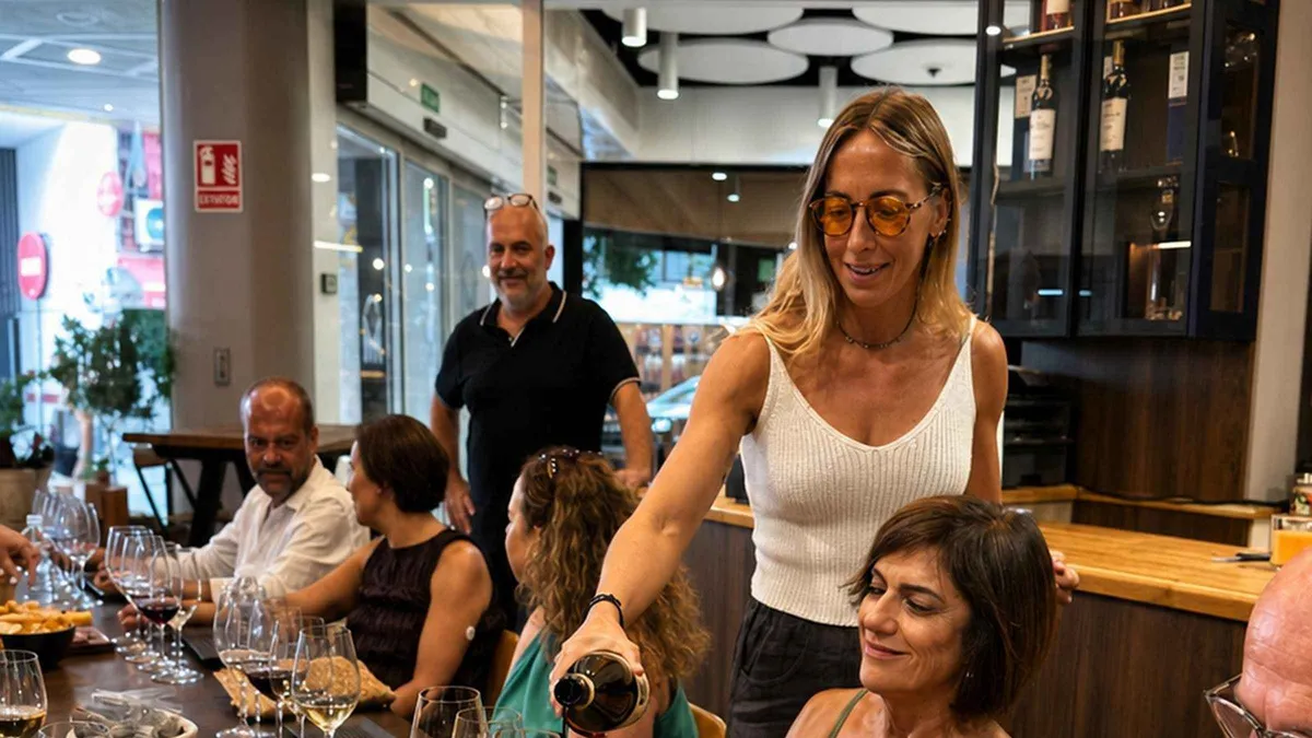 Five glasses of Andalusian wine lined up on a tasting table at a wine tasting in Malaga