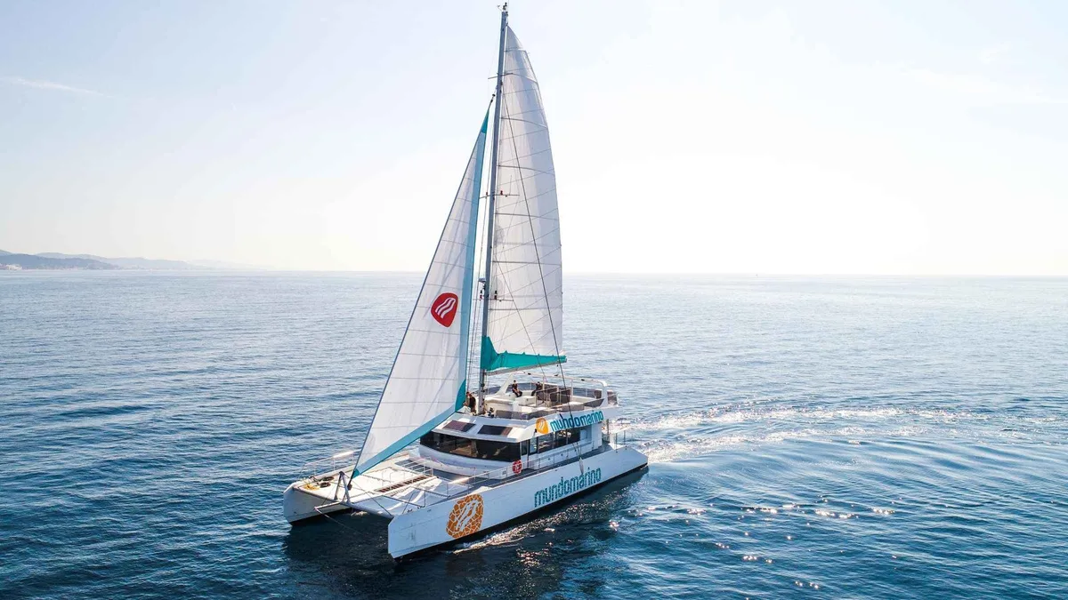 Swimmers beside a sailing catamaran during a swim stop in the bay of Malaga