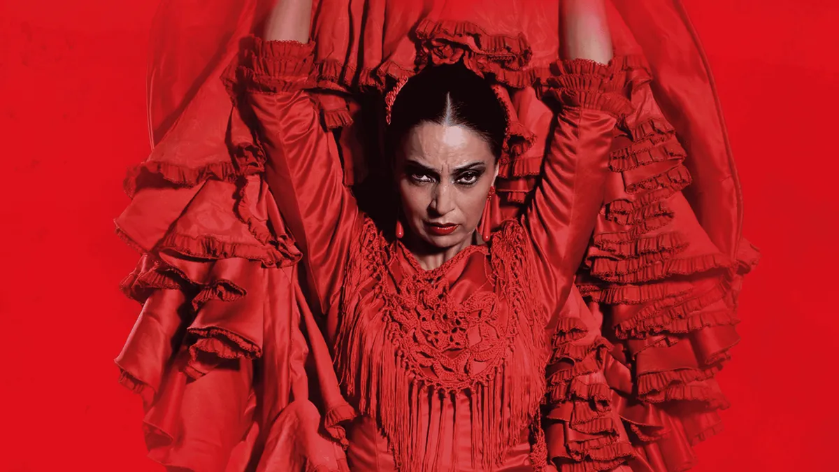 Flamenco dancer in a ruffled dress on stage at a theatre show in Malaga