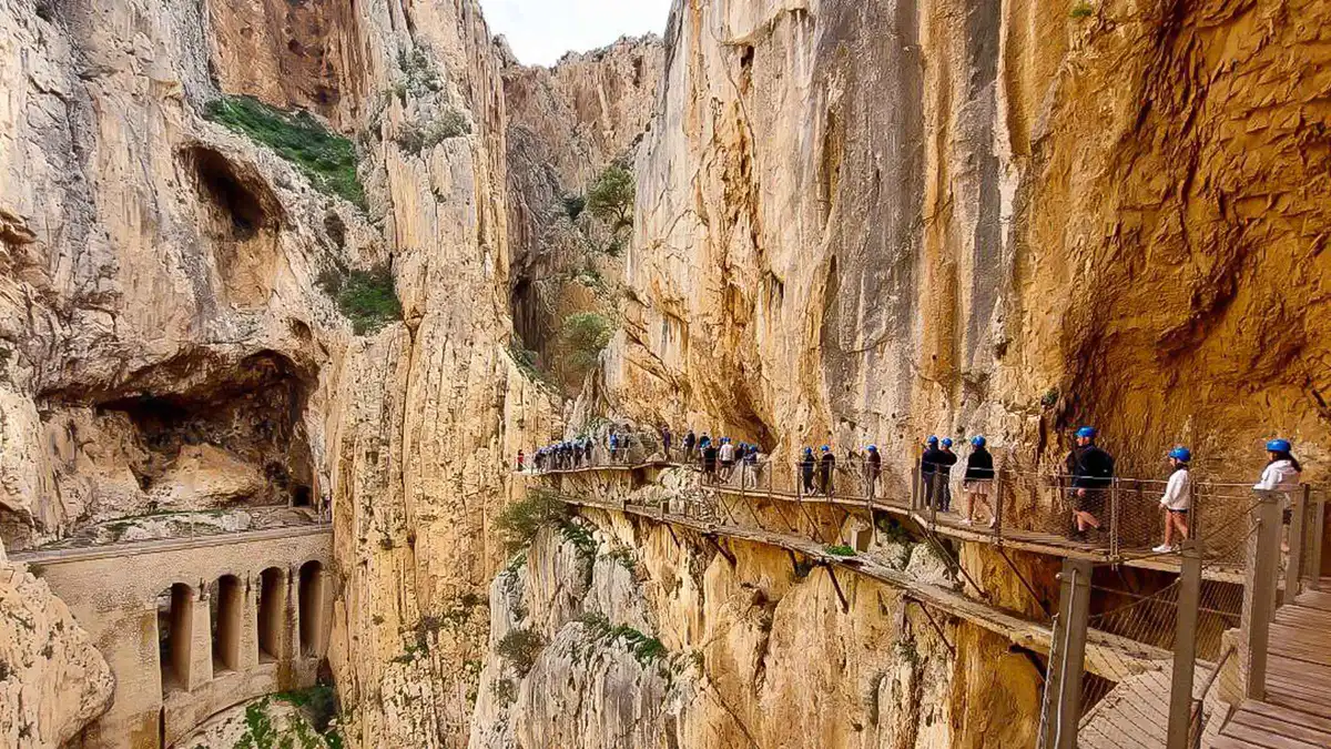 Walkway bolted to the gorge wall on the Caminito del Rey, a guided day trip from Malaga