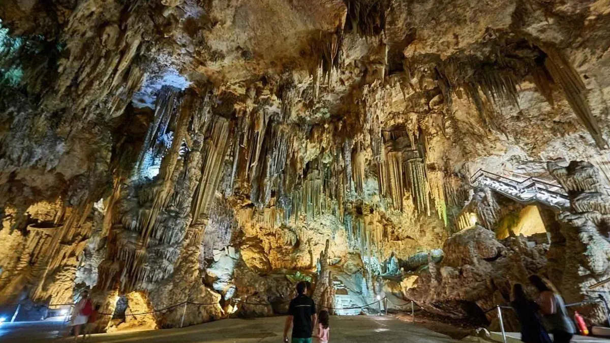 Stalactite columns inside the Nerja Cave on a Nerja and Frigiliana day tour from Málaga