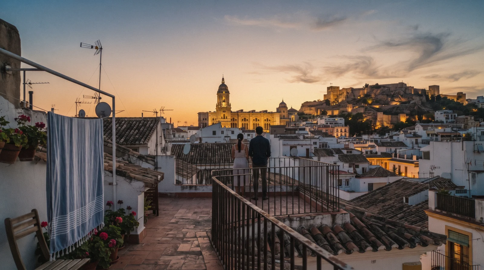 A hotel balcony over Calle Larios at dusk with the Cathedral tower beyond, the centre of the where to stay in Málaga question